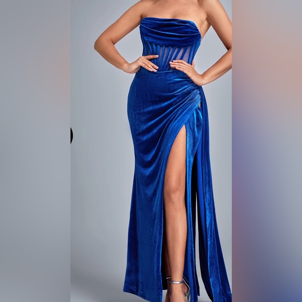 Royal blue evening gown - Corset Velvet Slit Maxi Dress